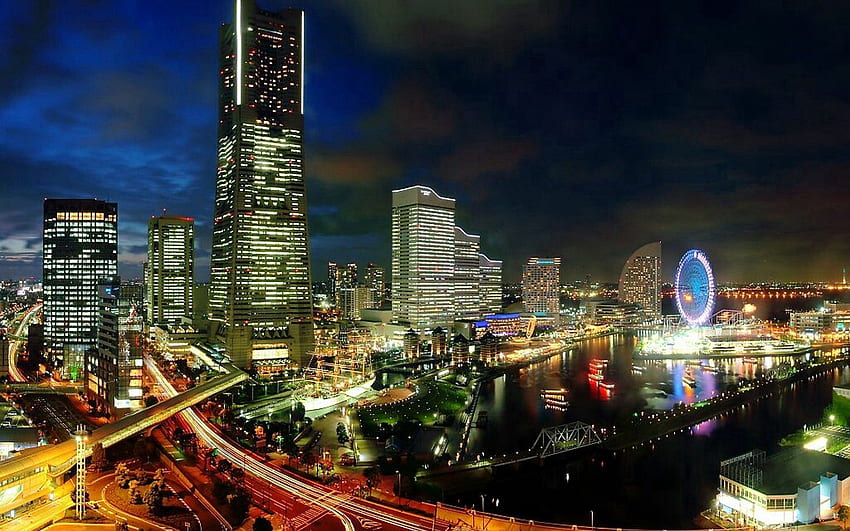 Città, Luci della città, Serata, Megalopoli, Megalopoli, Giappone, Yokohama, Sviluppo Sfondo HD