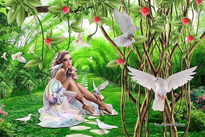 Reina de las palomas, hierba, flores, niña, palomas. fondo de pantalla