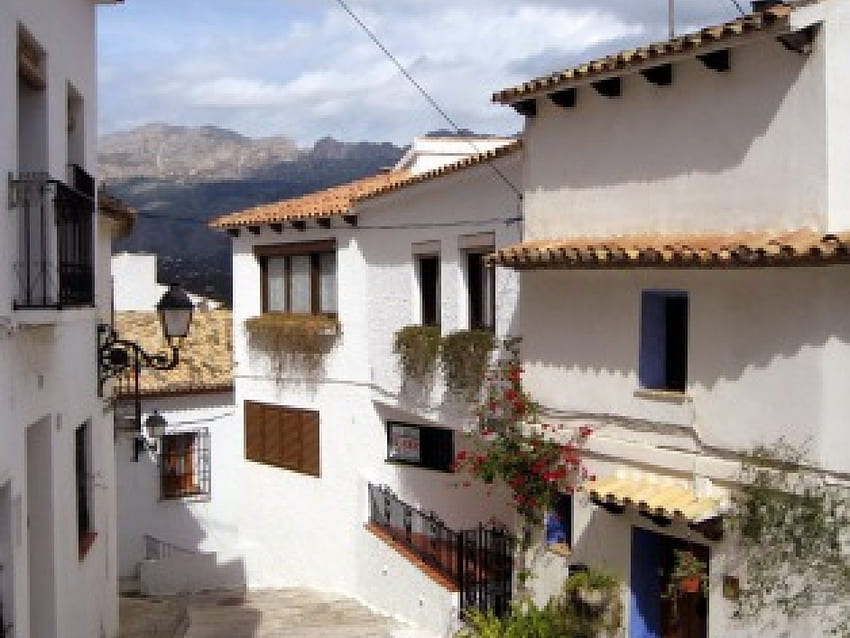Desa Altea Spanyol, putih, arsitektur, jendela, rumah, rumah, gunung, jalan, indah, desa Wallpaper HD