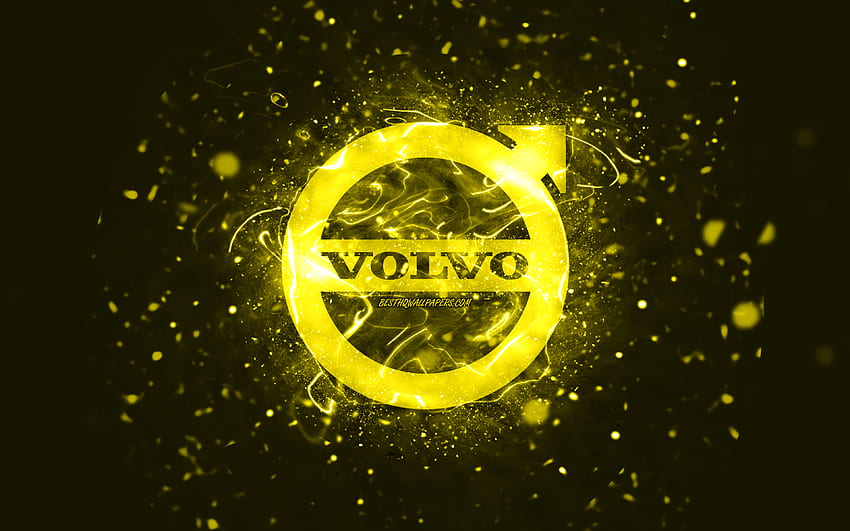 Volvo yellow logo, , yellow neon lights, creative, yellow abstract background, Volvo logo, cars brands, Volvo HD wallpaper