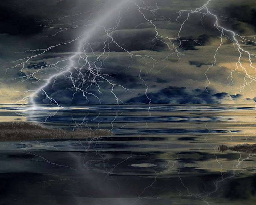 storm on the lake, clouds, water, calm, lake, storm, dark HD wallpaper