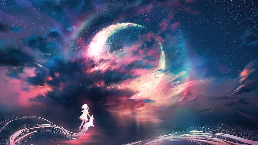 Anime, Art, Sky, Moon, Scenery . Mocah, Blue Moon Anime HD wallpaper
