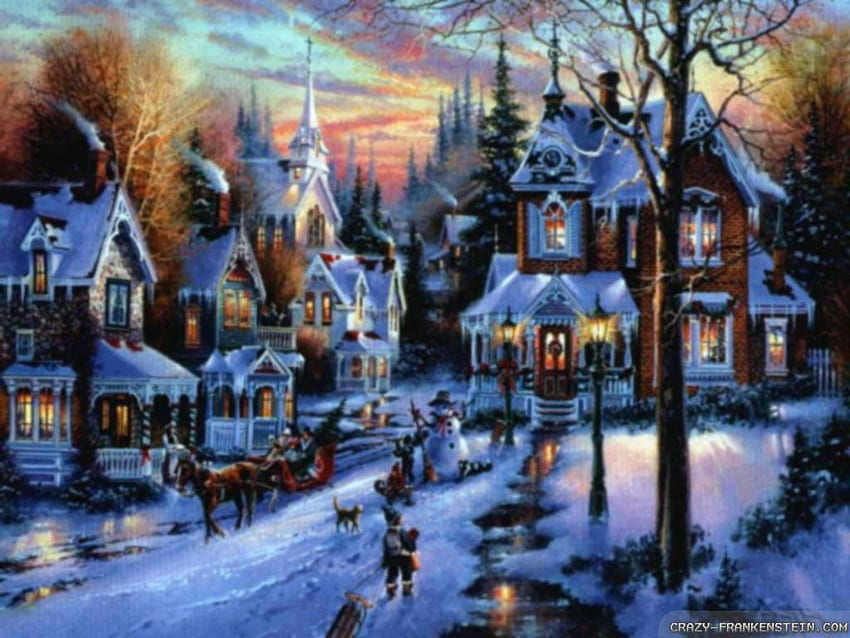 クリスマスの村のシーン – ハッピー ホリデー!、ヴィンテージの冬のシーン 高画質の壁紙