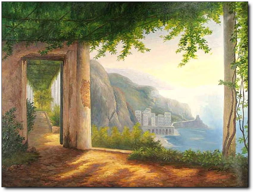 Beautiful, sea, garden, painting, walkway HD wallpaper
