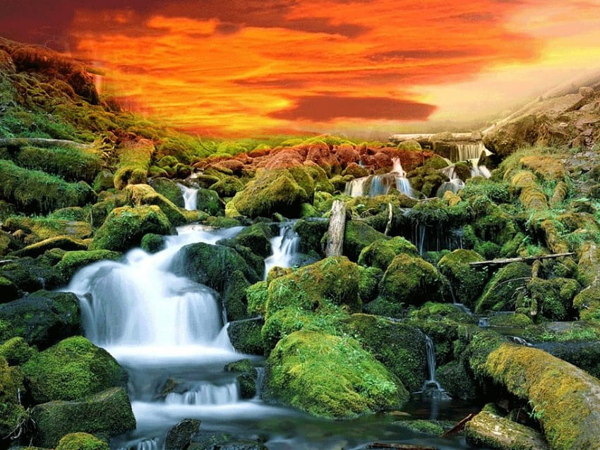 Waterfalls in the Sunset, sunsets, green, trees, cascades, waterfalls, nature, rocks HD wallpaper