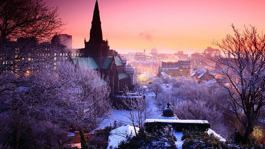 Cities, Winter, Trees, Sky, City, Evening HD wallpaper