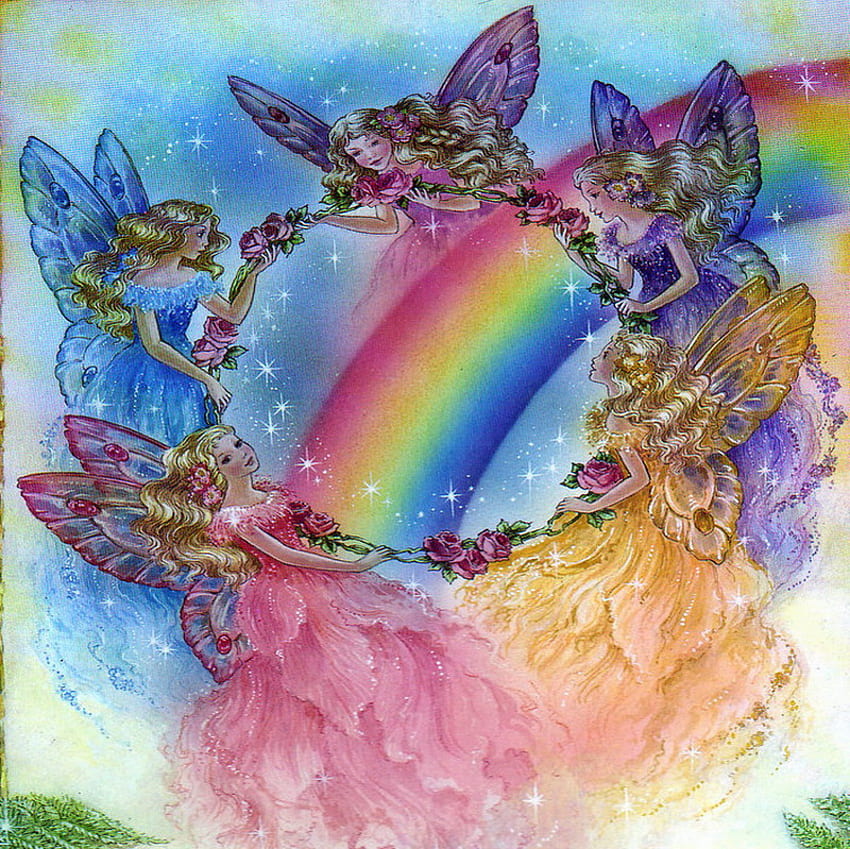 rainbow fairies, colorful, circle, rainbow, dance, fairies HD wallpaper
