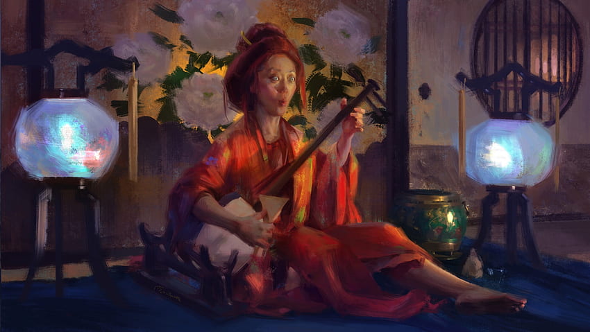 Fantasy girl, instrument, fantasy, art, pure grace, asian, red, luminos, singer, kimono HD wallpaper