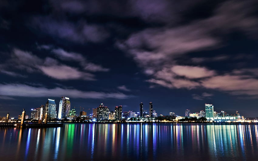 San diego world architecture cities buildings skyscraper night lights window signs neon sky clouds r color water bay harbor sound reflection skyline cityscape HD wallpaper