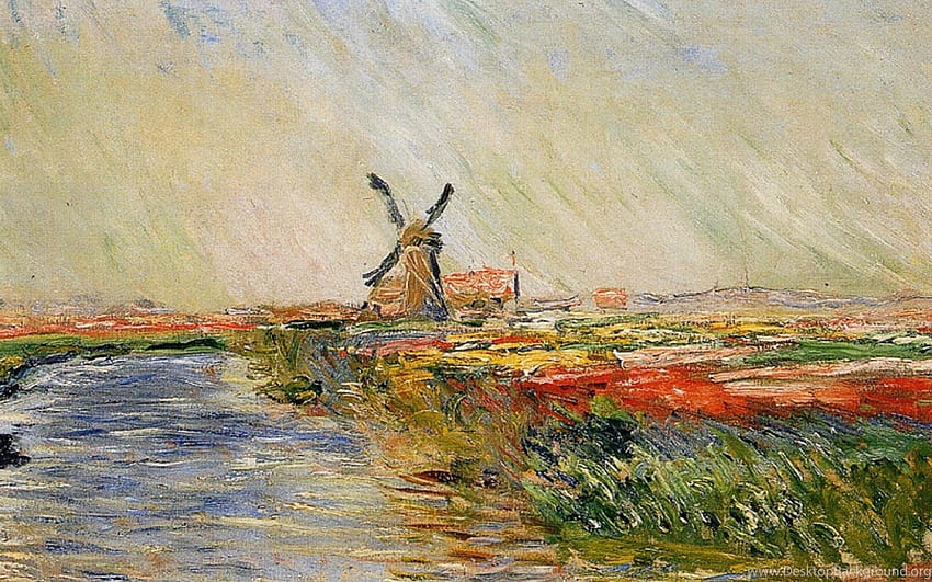 Gemälde Windmühlen Flüsse Claude Monet Impressionismus . Hintergrund, impressionistischer Computer HD-Hintergrundbild