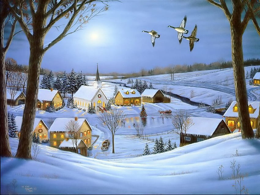 winter wonderland, winter, blue, town, snow, trees, geese HD wallpaper