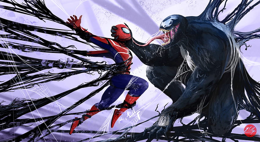 Spiderman vs veneno, obra de arte, maravilla fondo de pantalla