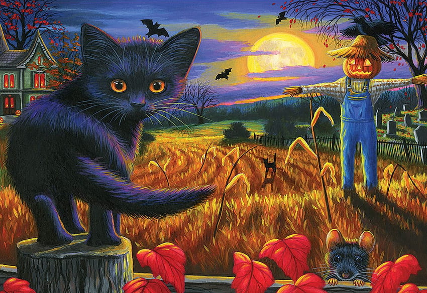 Cornfield Moon, karya seni, halloween, orang-orangan sawah, lukisan, bulan, musim gugur, kucing, langit Wallpaper HD