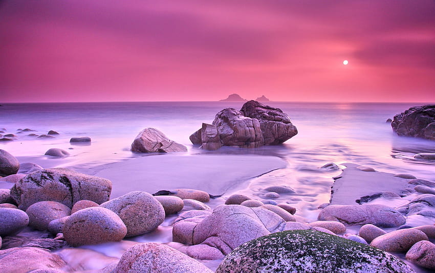 COASTAL PINK SUNSET, sea, pink colors, paradise, rocks, sea shore, beach, coastal, clouds, nature, sky, pink sky, splendor, sunset HD wallpaper