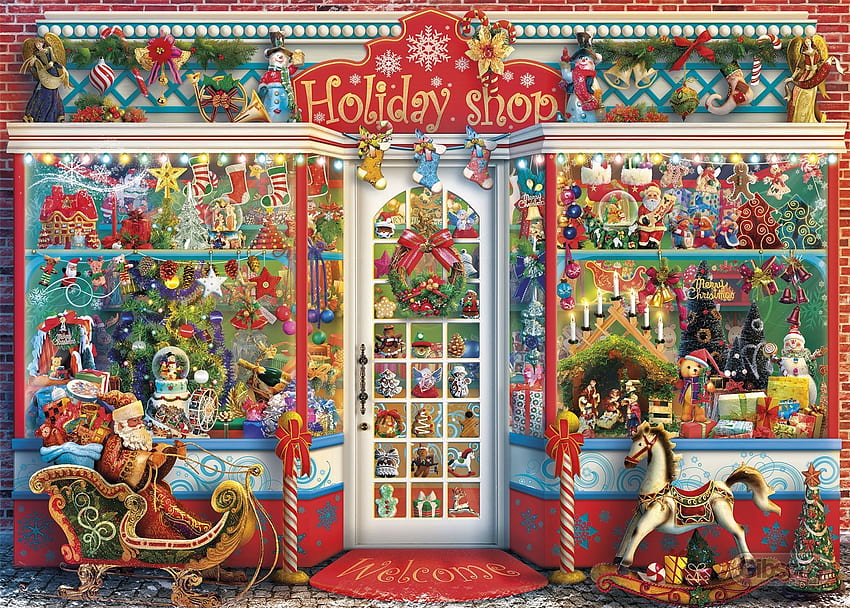 The Holiday Shop, christmas, rocking horse, snowmen, sled, wreath, toys, welcome, holiday, shop, door, santa HD wallpaper