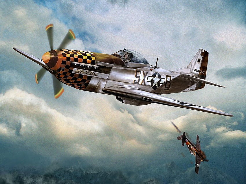 Dipinto del North American P 51 Mustang Fighter Little Midget In A Dogfight, Tail No. 414095. Aerei della seconda guerra mondiale, arte aeronautica, pittura aeronautica, aerei della seconda guerra mondiale Sfondo HD