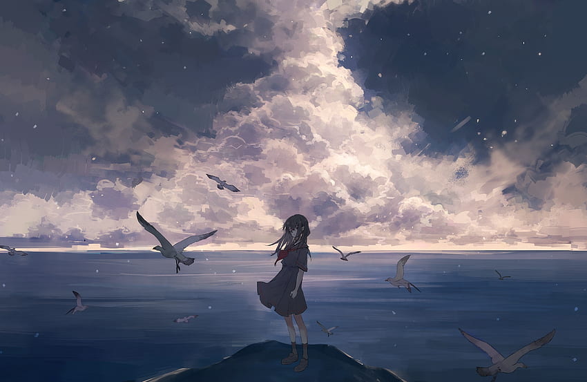 Birds and anime girl, seascape HD wallpaper