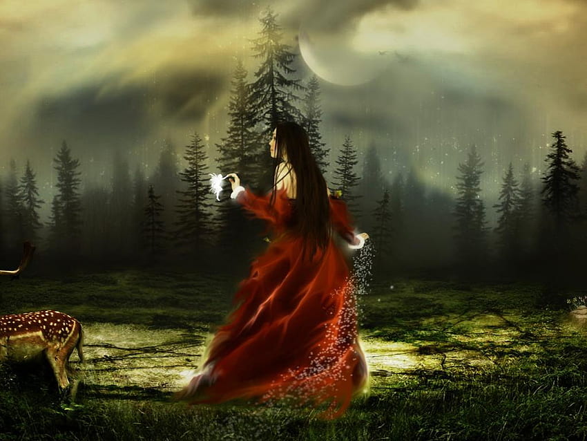 Red dress, fantasy, girl, woman, dream, tree HD wallpaper