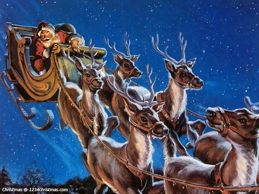 Елен Дядо Коледа. Весела Коледа, Елени и шейна, Дядо Коледа и неговите елени, Старинни коледни елени HD тапет