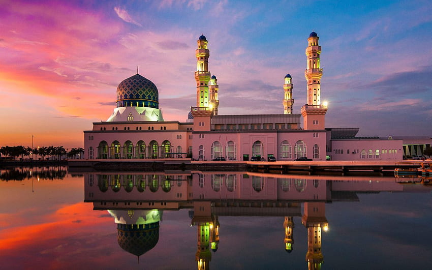 Kota Kinabalu City Mosque Is The Second Main Mosque In Kota Kinabalu Sabah Malaysia Sunset Reflection In Water HD wallpaper