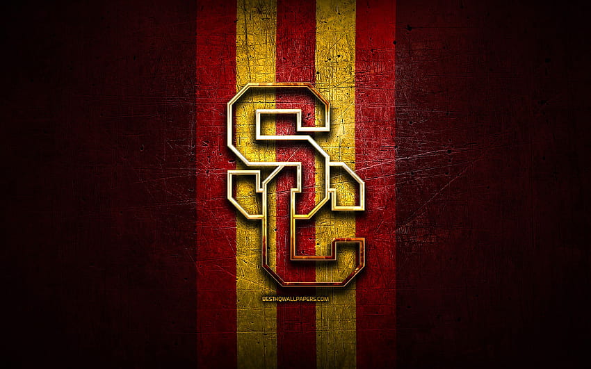 USC Trojans, logotipo dorado, NCAA, de metal rojo, club de fútbol americano, logotipo de USC Trojans, fútbol americano, EE. UU. con resolución. Alta calidad fondo de pantalla