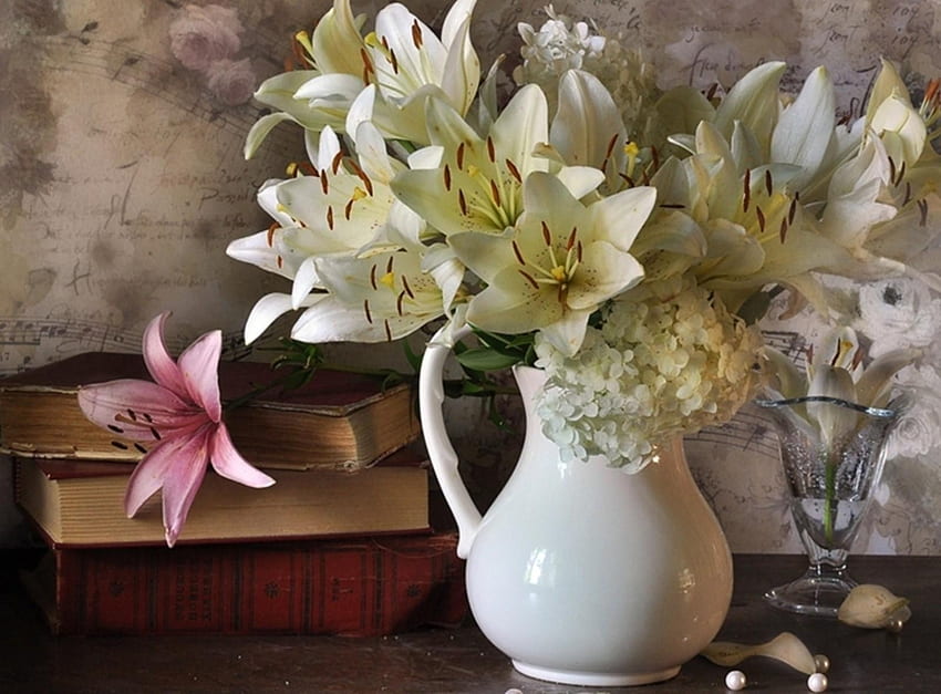 Music, Flowers, Lilies, Books, Bouquet, Vase, Notes, Peas, Hydrangeas HD wallpaper