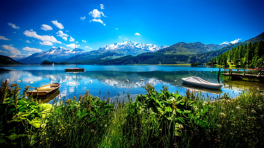 Danau Sils-Swiss, biru, Cantik, ketenangan, tenang, gunung, danau, musim panas, Swiss, refleksi, perahu, air, tenang, indah Wallpaper HD