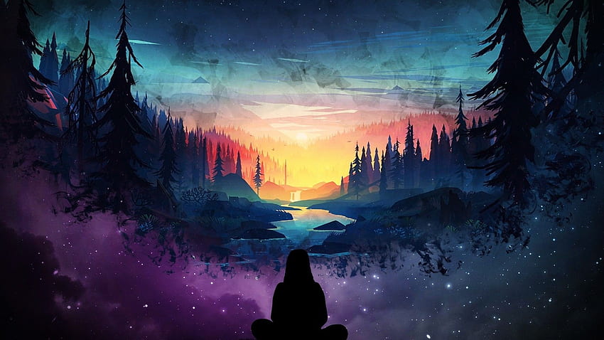 River, Girl, Silhouette, Forest, Scenic, Stars, Two Dimensions, Digital Art for HD wallpaper