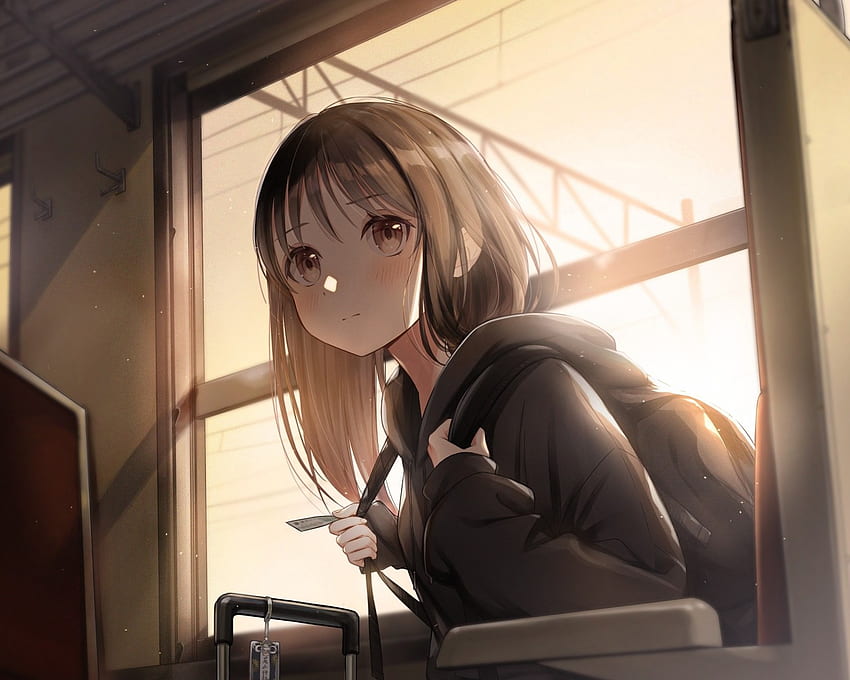 Cute Anime Girl, Hoodie, Short Hair, Train, Brown Hair HD wallpaper