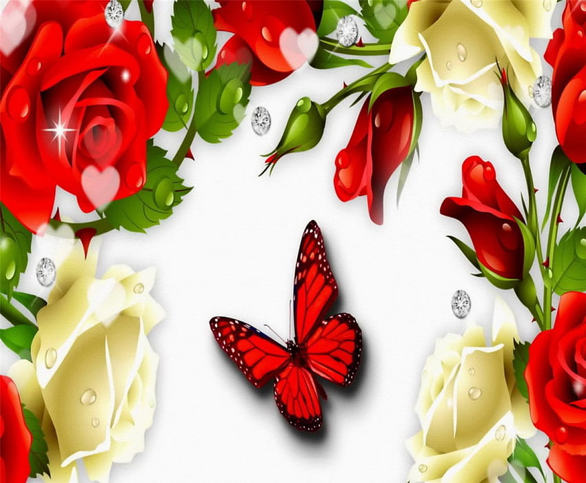 Papillon Roses, coloré, blanc, roses, feuilles, papillon, lumineux, vert, éclat, art floral, rouge, coeurs, fleurs, diamants Fond d'écran HD
