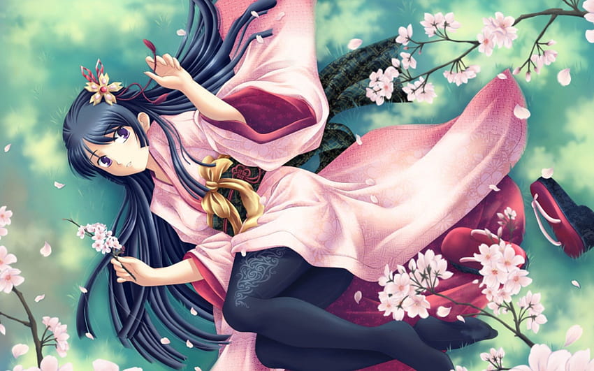 Sakura, kimono, flower, girl, long hair HD wallpaper