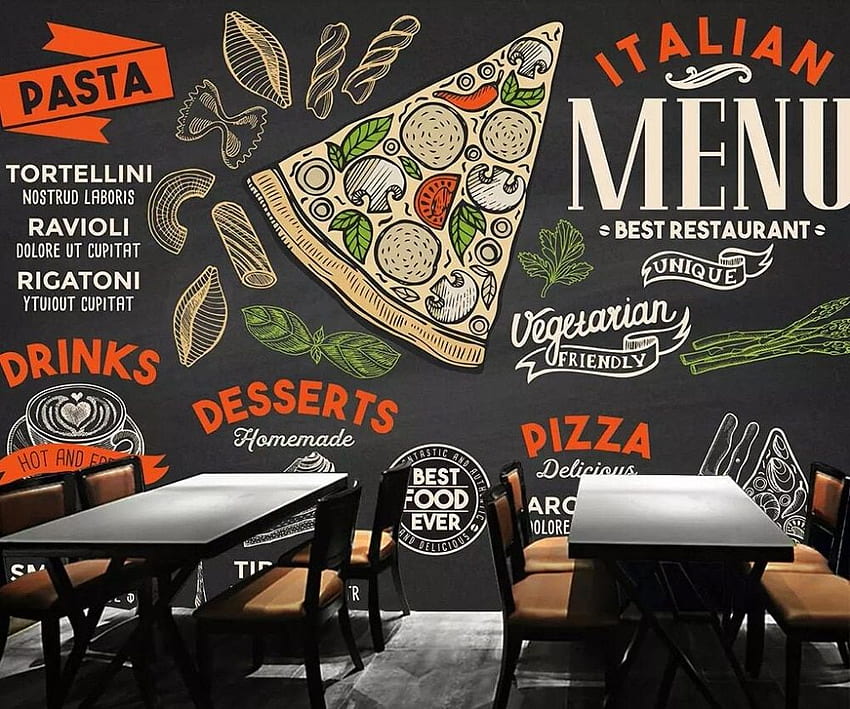 Beibehang mural yang dilukis dengan tangan papan tulis restoran toko pizza dinding latar belakang 3D dinding perkakas makanan. . - AliExpress, Restoran Wallpaper HD