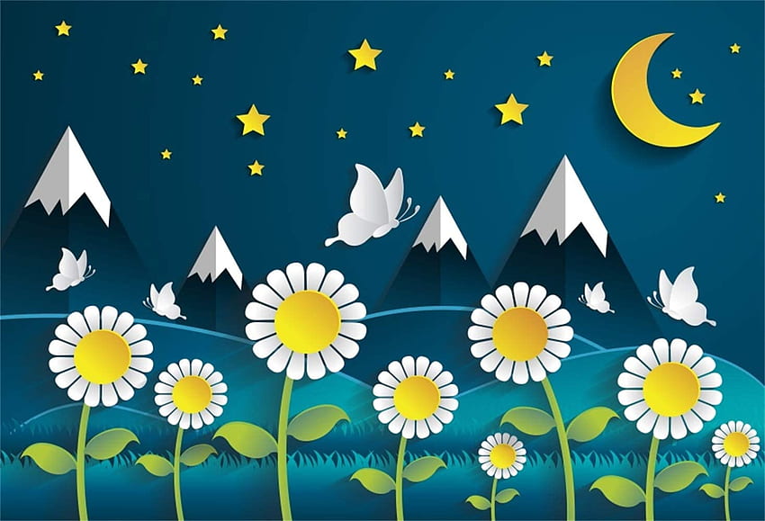 ft Vinyl Cartoon Birtay graphy Background Moon Stars Daisy Flowers Snow Mountains Butterflies Illustrations Scenic Backdrop Child Baby Birtay Party Banner Kids Room Background Electronics, Cartoon Banner HD wallpaper