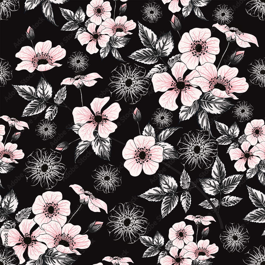 Seamless pattern pink pastel color wild rose flowers on black background.Vector illustration hand drawing doodle.For used design, textile fabric or wrapping paper. Stock Vector HD phone wallpaper