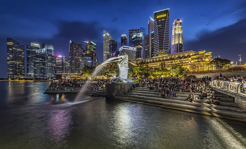 Merlion Park, Singapore, Parks, Houses, Evening, Fountains, Sculptures, Stairs , Merlion Singapore HD wallpaper