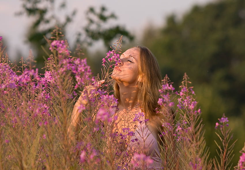Fragrance of Nature.., pink, beautiful, nature, flowers, girl, lovely, smelling HD wallpaper