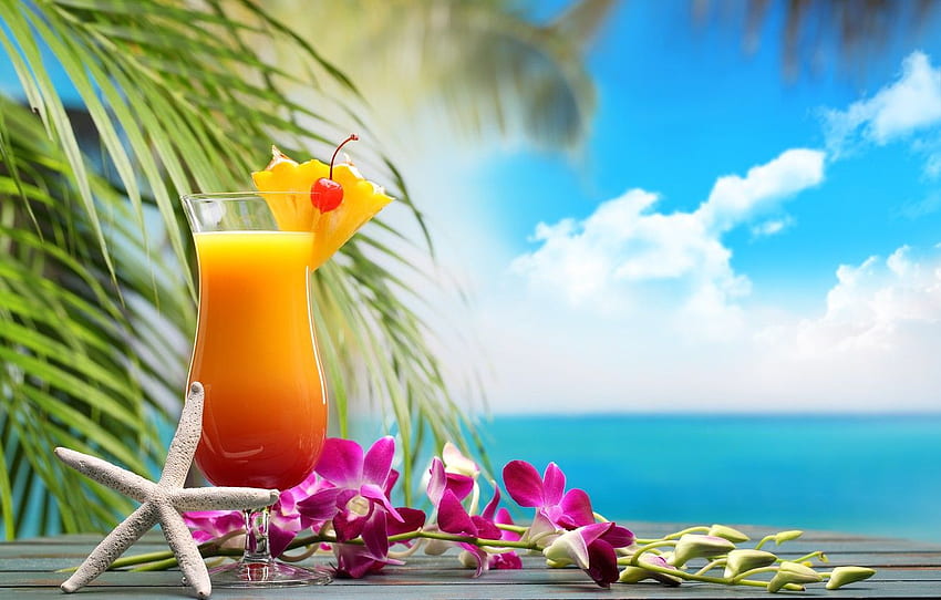 sea, beach, cocktail, summer, fruit, beach, fresh, sea, Beach Drink HD wallpaper