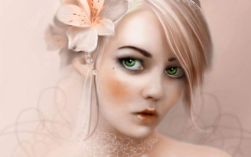 แฟนตาซี ดอกไม้ ดวงตา สาว ผมบลอนด์ วอลล์เปเปอร์ HD