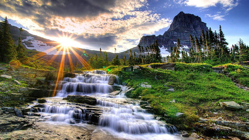 Hermosa cascada con salida del sol., Cascada del amanecer fondo de pantalla