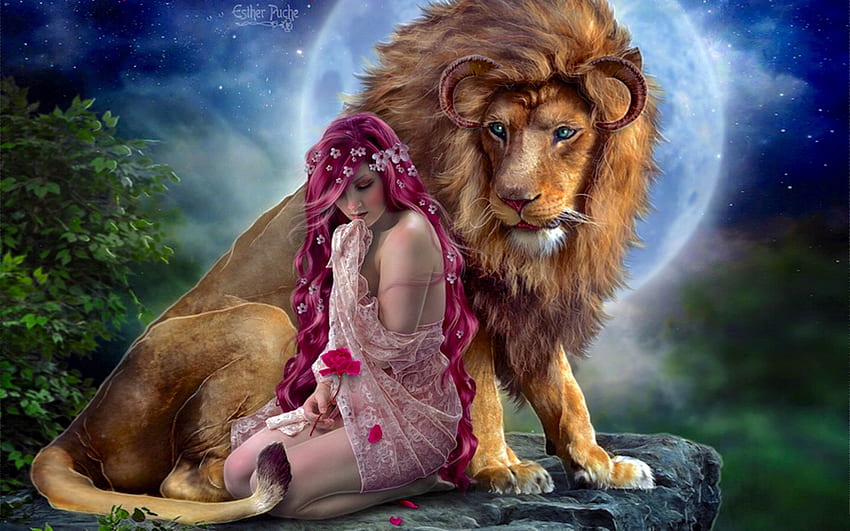 美女と野獣, おとぎ話, ライオン, 美しさ, 月, 魔法の, ファンタジーの女の子, 赤毛, ファンタジーアート, 獣, 美しい 高画質の壁紙