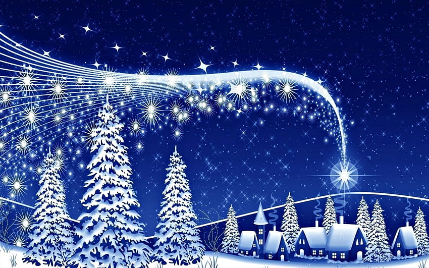 ¡Feliz Navidad!, azul, invierno, blanco, craciun, casa, árbol, estrella, nieve, navidad, tarjeta fondo de pantalla