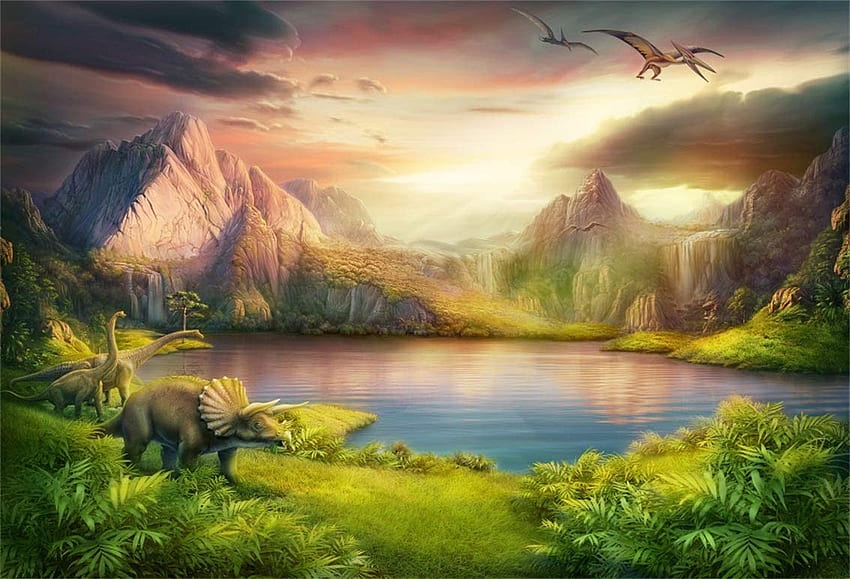 CSFOTO ft Arka Plan Dinozor Jurassic Dönem Manzara grafisi Zemin Tarih Öncesi Doğa Manzarası Gün Batımı Göl Uçan Tanystropheus Pterosaurs Çocuk Stüdyo Donanımları Vinyl : Electronics HD duvar kağıdı