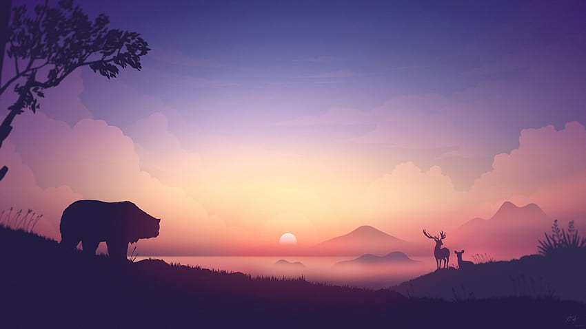 Sunset, bear, deer, , Art HD wallpaper | Pxfuel