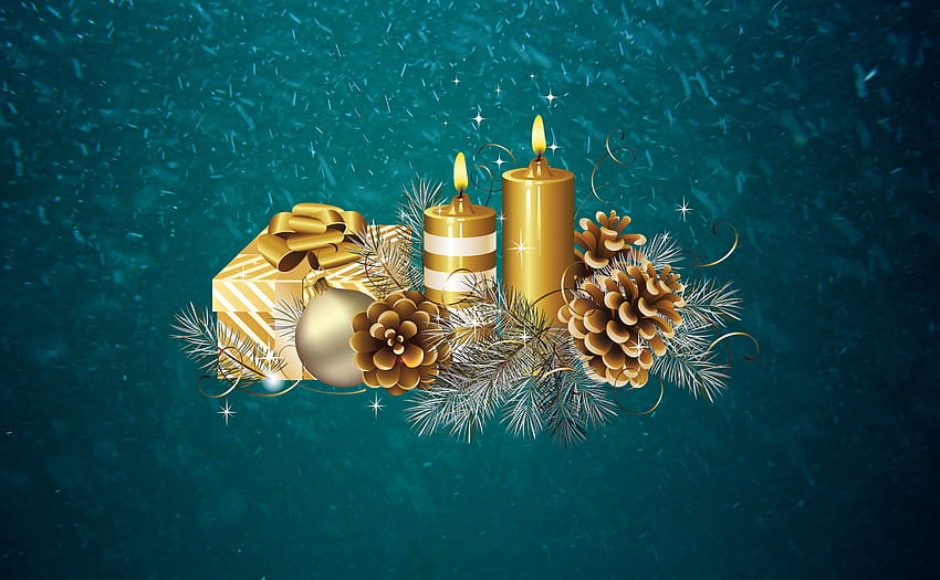 Selamat Tahun Baru!, biru, emas, craciun, hadiah, lilin, natal, kartu, kerucut pinus, tahun baru Wallpaper HD