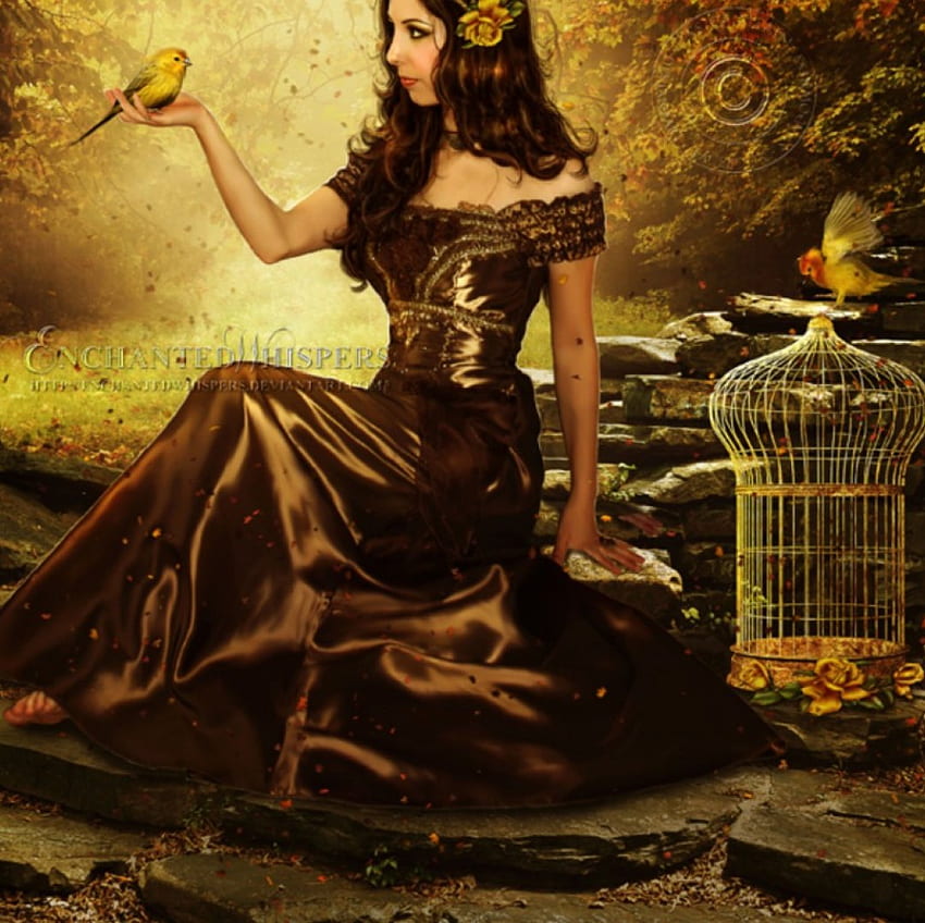 Golden Forest, golden, lady, bird, fantasy, cage, forest HD wallpaper