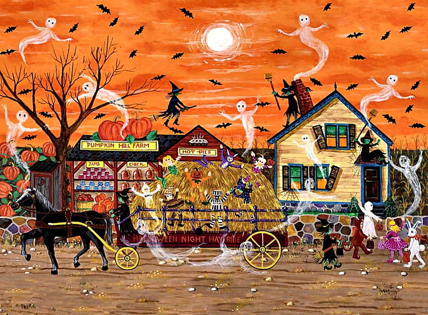 Halloween Hayride F1, arte, ilustração, obra de arte, ocasião, tela larga, feriado, pintura, dia das bruxas, outubro papel de parede HD
