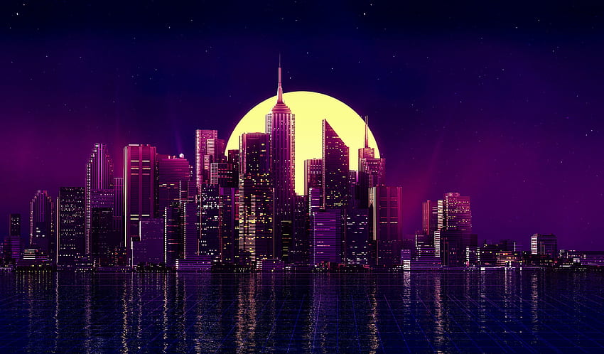 Luz de luna, ciudad, oscuridad, arte digital. fondo de pantalla