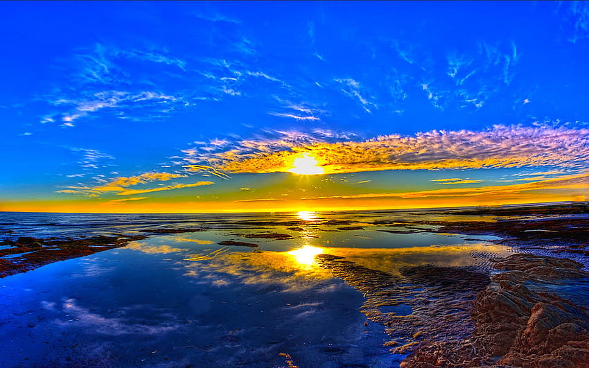 The Blue Beauty, błękit, odbicie, niebo, wschód słońca, ocean, plaża Tapeta HD
