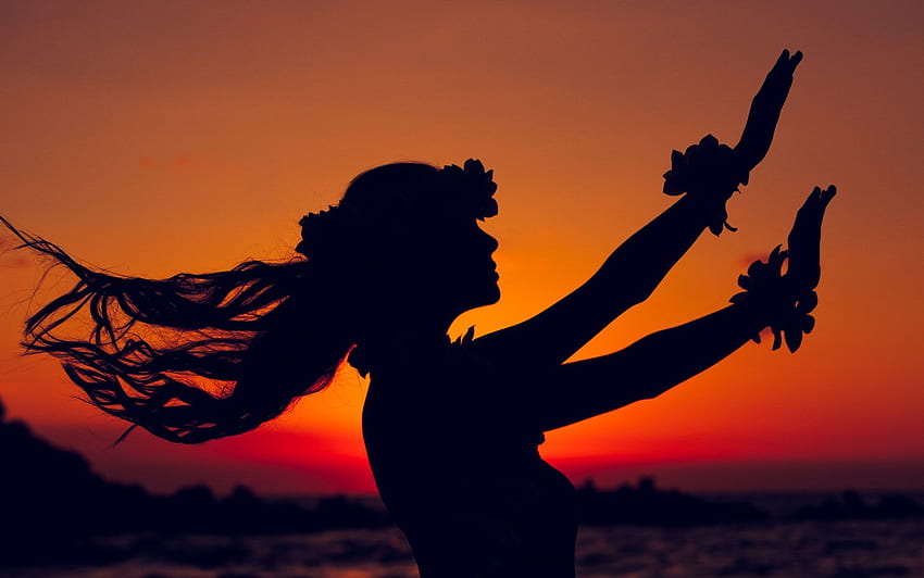 Silhouette de danseuse tahitienne, danseuse Hula Fond d'écran HD