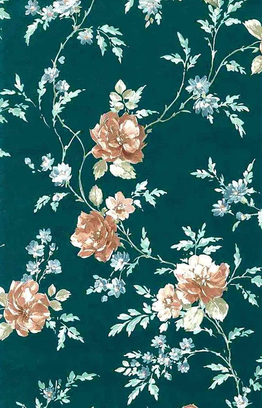 Zielony Kwiatowy Vintage Satynowe Teksturowane Róże Niebieski Brązowy 30226 Podwójne Rolki. Turkusowy iPhone, iPhone tło, Vintage Tapeta na telefon HD